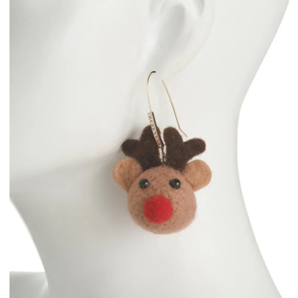 NWT BETSEY JOHNSON Plush Felt Rudolph Red Nose Reindeer Drop Earrings Christmas
